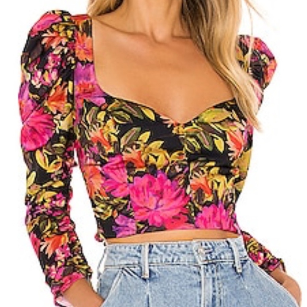 For Love And Lemons Floral Puff Sleeve Top - Black and Pink